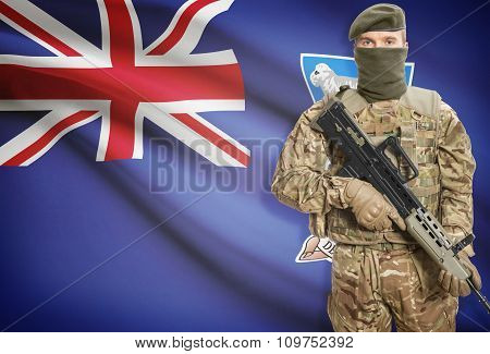 Soldier Holding Machine Gun With Flag On Background Series - Falkland Islands