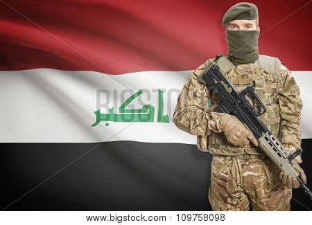 Soldier Holding Machine Gun With Flag On Background Series - Iraq
