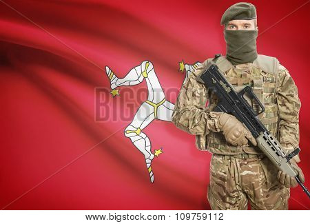 Soldier Holding Machine Gun With Flag On Background Series - Isle Of Man
