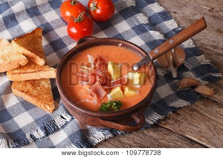 Salmorejo Soup With Ham And Eggs On The Table. Horizontal