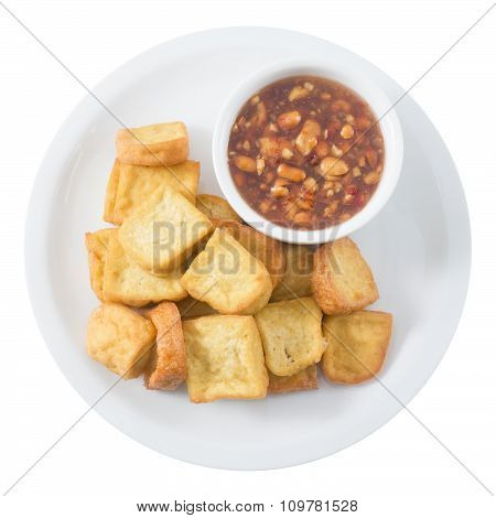 Deep Fried Tofu With Sweet Sauce On White Background