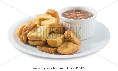Fried Tofu Served With Sweet Sauce On White Background