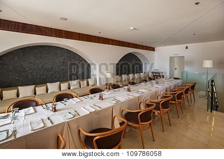 SVETI STEFAN, MONTENEGRO - SEPTEMBER 09: Restaurant interior in island hotel on September 09, 2015 in Sveti Stefan Montenegro.