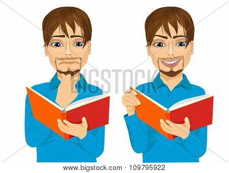 man focused reading interesting book