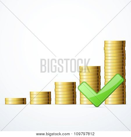 Coins stack and check mark. Vector illustration eps 10.