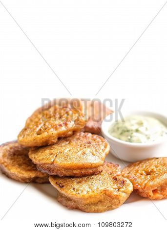 Indian cuisine - Crispy cauliflower pakora with creame cheese dip on white background