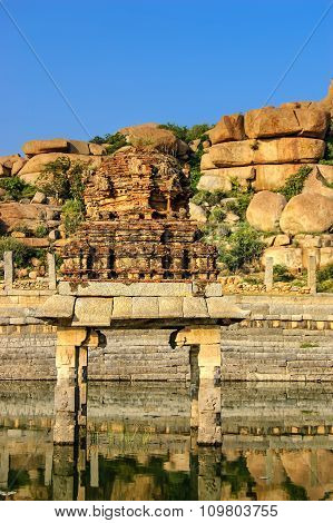 Temple reservoir on the way to the Vitthala temple complex in Hampi Karnataka India.