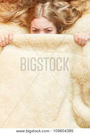 Woman Waking Up Under Wool Woolen Blanket.