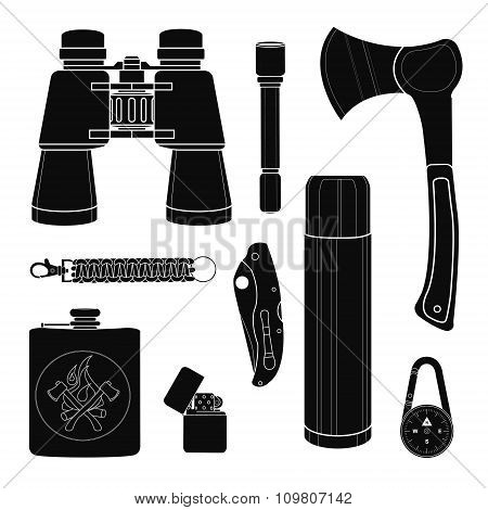 Camping equipment silhouettes set
