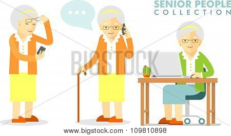 Social concept - old woman using computer and mobile phone