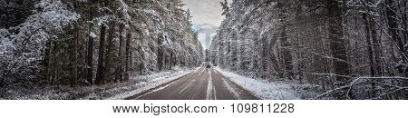 Car goes down the wintry road.
