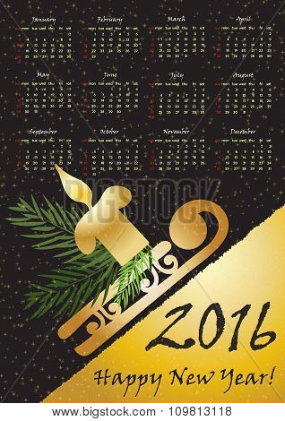 2016 calendar with whinter symbols in gold color. A3 format