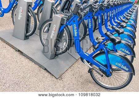New York City - November 22, 2013: New Blue Citibikes Lined Up At The Exit Of Grand Central Terminal