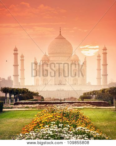 Taj Mahal At Beautiful Sunset In India