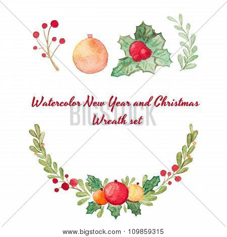 Hand Drawn Watercolor Raster Christmas Wreath Set Isolated On White.  Perfect For Invitations, Greet