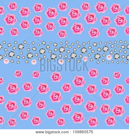 Seamless Scattered Gems, Rhinestones, Pearls & Roses Isolated On Blue Background