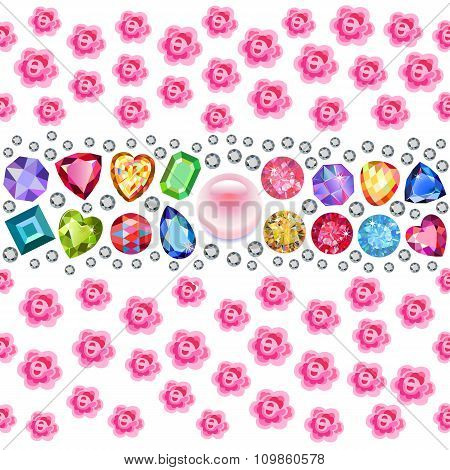 Seamless Scattered Gems, Rhinestones, Pearls & Roses Isolated On Blue Background