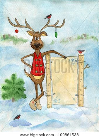 Cute Funny Christmas Deer And A Message Board In The Forest.