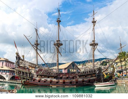 Old Wooden Ship In Genoa, Italy