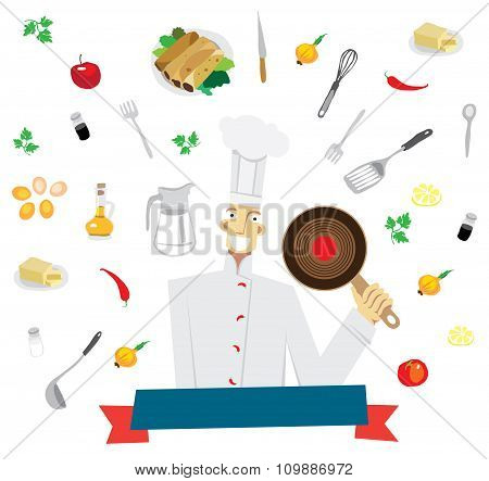 Cute and funny chef surrounded by various foods