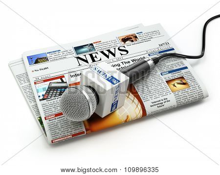 News or journalism concept. Microphone on the newspaper isolated on white. 3d