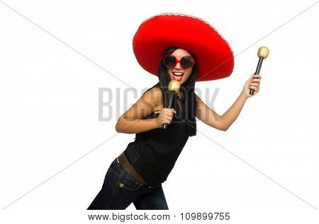 Young attractive woman wearing sombrero on white