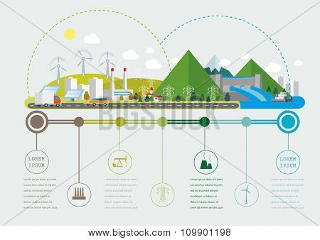 Flat design vector info graphic illustration  with urban landscape and industrial factory buildings. 