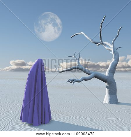 Figure covered by cloth in desert