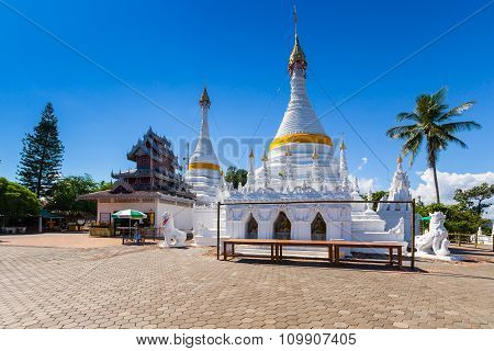 White Unique Pagoda In Wat Phra That Doi Gongmoo Landmark Of Maehongson, Thailand.