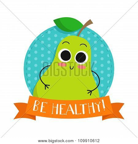 Pear, Cute Fruit Vector Character Bagde