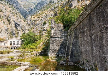 The Fortress Wall Of Bastion Bembo Near The River Shkurda, The Old Town Of Kotor, Montenegro