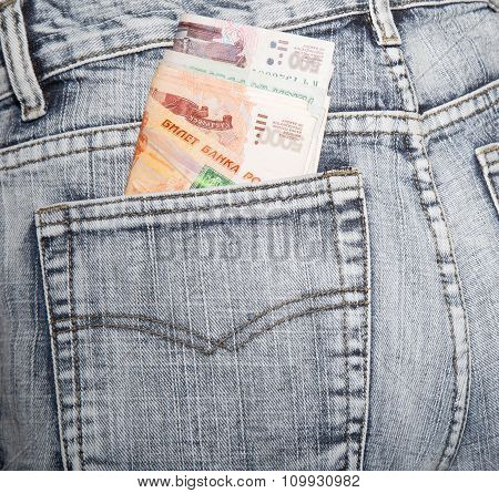 The Russian Rubles Put In Half Stick Out Of A Hip-pocket Of Jeans