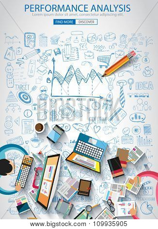 Performance Analysis concet with Doodle design style :finding solution, brainstorming, creative thinking. Modern style illustration for web banners, brochure and flyers.