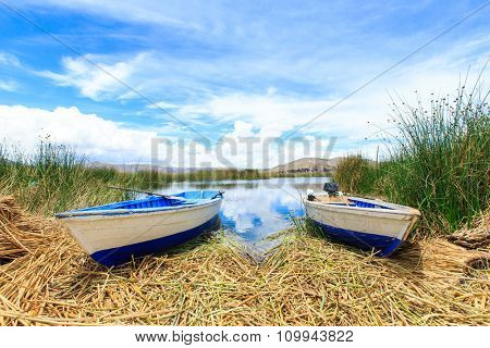 Totora boat on the Titicaca lake near Puno, Peru