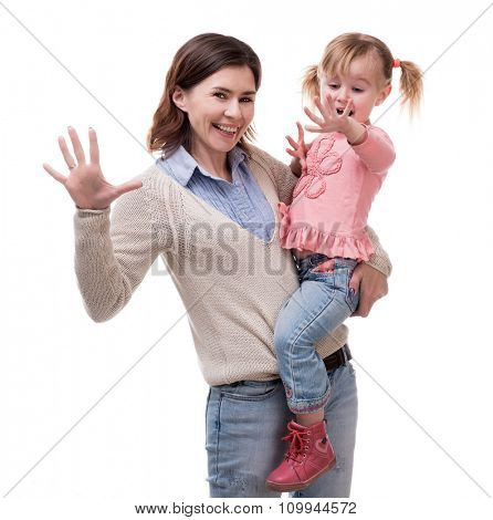 mother with daughter in her arms with palms up isolated on white background
