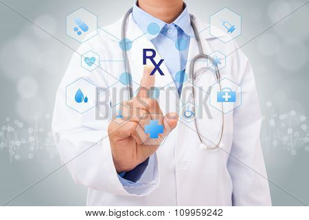 Doctor hand touching Rx sign on virtual screen. medical concept