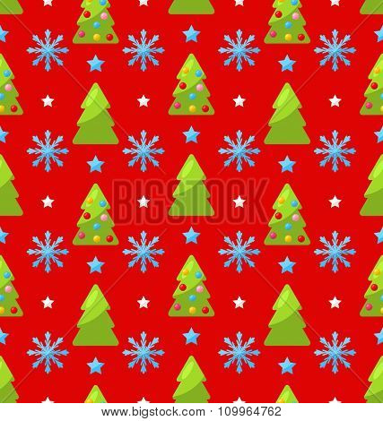 Red seamless Christmas pattern green fir