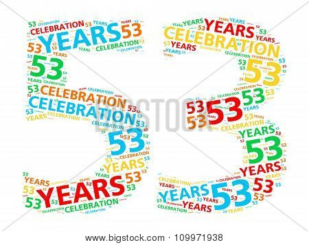 Colorful word cloud for celebrating a 53 year birthday or anniversary