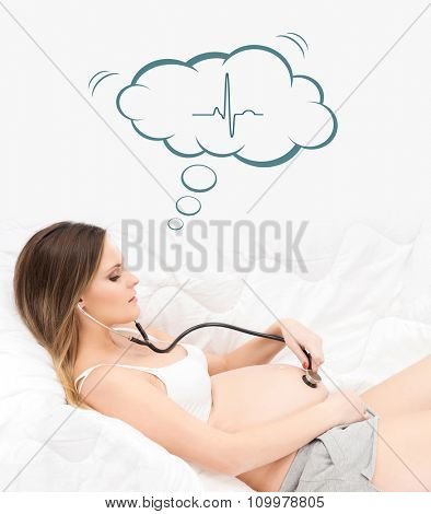 Pregnant woman listening to her belly with a stethoscope with pulse thinking cloud.