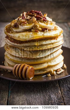 Pancakes With Banana, Nuts And Honey