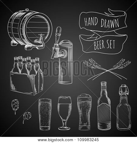 Vector hand drawn beer set - glasses bottles barrel packaging-box barley hops on blackboard background