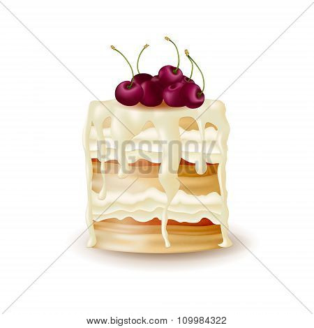 Vector realistic biscuit cake with vanilla glaze and cherries. Isolated on white. EPS 10 bakery illustration