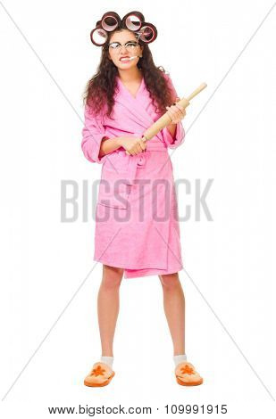 Housewife with battledore and cigarette isolated