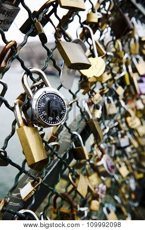 Padlocks Attached To The Bridge As A Sign Of Love Connection