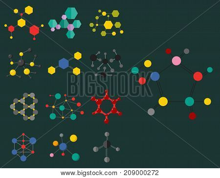 Set of colorful molecular structures in the form of sphere. Chemical structure microscopic technology, web design, geometric molecule. Organic element evolution physics vector.