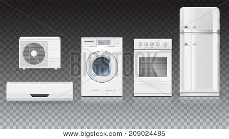 Set icons of household appliances on a transparent background. Air conditioning, washing machine, gas hob and white fridge, isolated 3D illustration with realistic shadows and reflections.
