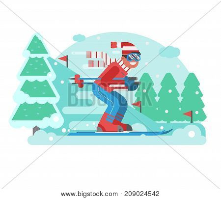 Smiling cross country skier riding on ski track on snowy winter background. Mountain skiing competition concept illustration with sportsman in motion.Young man on skis moving across snow forest scene.