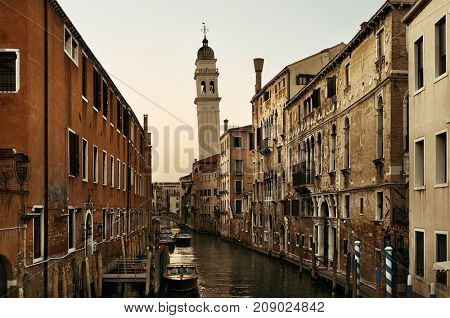 San Giorgio dei Greci church bell tower and Venice canal. Italy.
