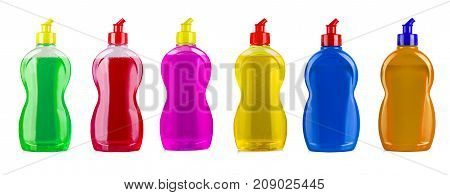 colored cleaning equipmentes isolated on a white background. colored plastic bottles with Detergent isolated on white background .