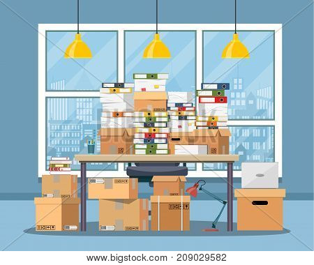 Pile of paper documents and file folders on office table. Carton boxes. Bureaucracy, paperwork, office. Chair, desk, lamp. Cityscape. Vector illustration in flat style